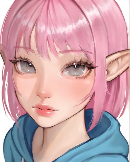 masterpiece, best quality, highres, extremely aesthetic, puririkaaastyle, portrait, upper body, elf, pointy ears, eyelashes, pink hair, medium hair, grey eyes, blue hoodie, 1girl, solo, standing, looking at viewer, simple background, white background <lora:Puririkaaa - Style v1.0 [LoRA] - NoobAI-XL EPS 1.0:0.8>
