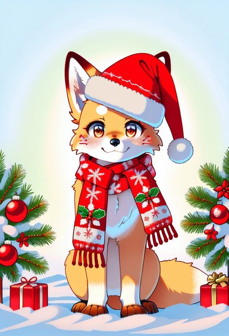 Animal Christmas, masterpiece, best quality, Kitsunes, female anthropomorphic fox, athletic, lean perfect body, Soft White Fur, Christmas Magic, green and red hats, festive scarves, tiny presents, snow-covered branches, Japanese Christmas decorations, foreboding magical setting, mysterious mood, wrapping gifts inquisitive expression, holiday spirit, cozy ambiance
