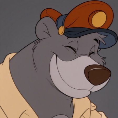 masterpiece, best quality, amazing quality, baloots, male, furry male, anthro, solo, sloth bear, grey fur, two tone fur, grey muzzle, brown nose, black eyes, claws, brown shirt, red pilot cap, smile, closed eyes, close up, portrait, grey background