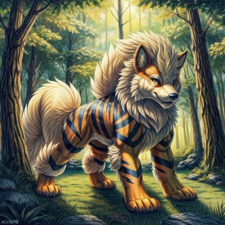 (((Arcanine, Pokmon, Animal,))), solo, single, Tiger, wolf, orange fur, fluffy,   <lora:Arcanine - Pokmon:1>
(masterpiece, sidelighting, finely detailed, beautiful),  <lora:add_detail:1> <lora:hairdetailer:0.2>
In forest, <lora:pokemon_v3_offset:0.3>