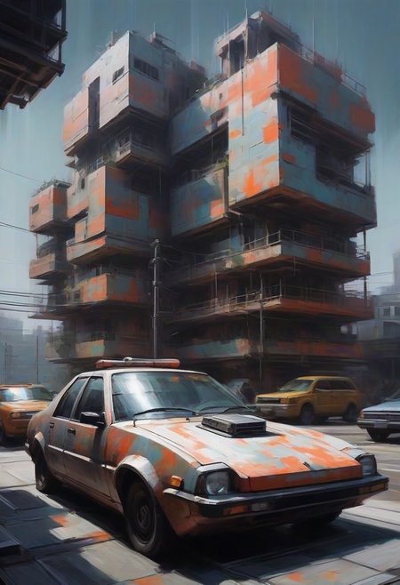 tb, Painting, robot city, flying cars, geometric buildings, industrial, traditional media, thick brush strokes, meticulous detail, dramatic lighting, OverallDetailXL,