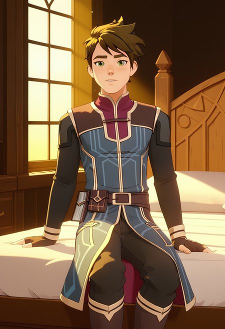 Score_9, Score_8, Score_7, TDPStyle, Callum, Messy Hair, Green Eyes, Blue Mage Outfit, sitting on a bed,, with sunlight filtering through the windows,