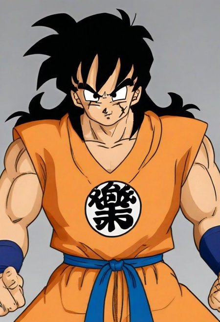 <lora:YamchaXL:.8> Yamcha, black eyes, black hair, spiky hair, orange gi, blue sash, martial artist, dragon ball z style