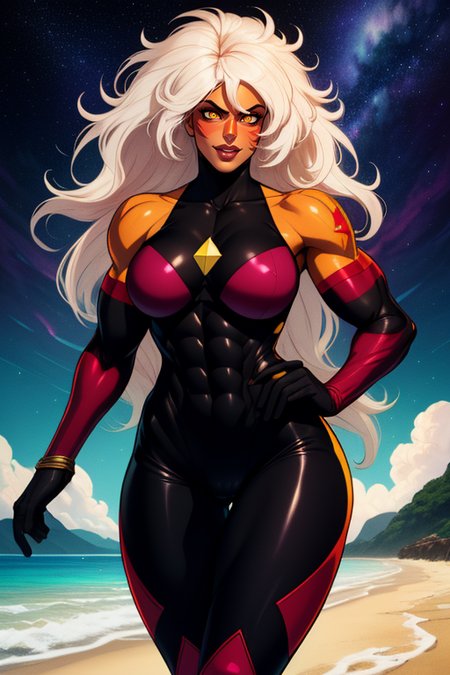 Jasper,long white hair,orange skin with red tattoos ,yellow eyes ,muscular, gem as a nose, Standing, smile, crazy eyes,  cowboy shot, cameltoe,  large breasts,   
JasSui,((black and Burgandy bodysuit with diamond insignia)), bare shoulders, red boots
beach, nighttime, stars,
(insanely detailed, beautiful detailed face, masterpiece, best quality)
<lora:Jasper-10v3:0.9>