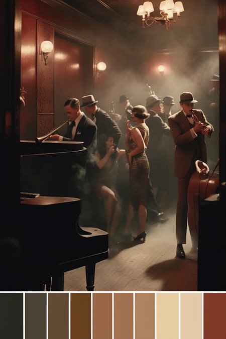 <lora:Cinema Color Palette:1>Color Palette - A 1920s speakeasy behind a hidden door. Flappers and gangsters mingle, as a jazz band plays amidst the smoke and intrigue.
