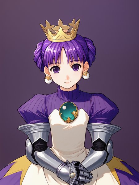 score_9, score_8_up, score_7_up,  1girl,  solo, <lora:100_grad:1>  gradriel, pcarmor, purple hair, purple eyes, hair up, crown, white earrings, grad turquoise brooch, grad purple turtleneck, grad dress, gauntlets, looking at viewer, slight smile, cute, hands in lap, fists