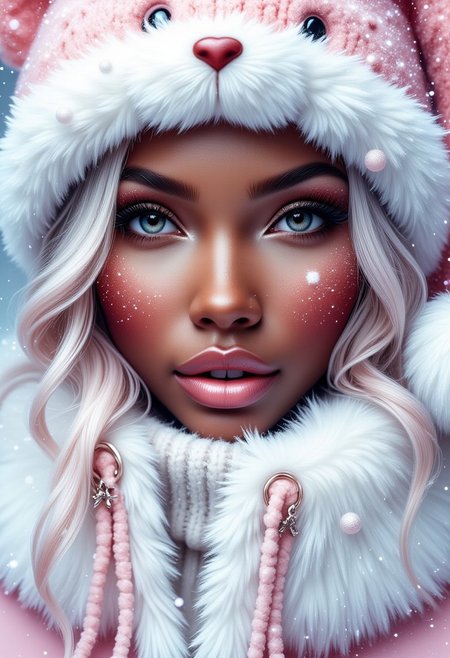 Contrail, mosaic, Fantasy realism, Storybook Illustration, double exposure, delicate detailed inspired by [Artgerm, Brian M  Viveros, Esao Andrews], light pink | white stripes, sharp focus, triadic colors, gorgeous african american girl, peachy lips, snow suit, light pink teddybear santa hat, small snowflakes , dynamic pose, luminism, magic light rings, bioluminescence, 32k