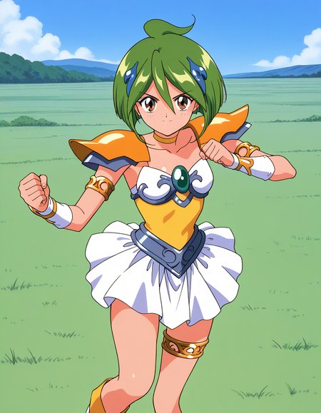 general,highres, ultra-detailed,very aesthetic,best quality ,best hands,  BREAK <lora:Tamano_Hinagiku_IS:1> Tamano_Hinagiku, 1girl,solo, green hair, short hair, brown eyes, hair between eyes, 1990s (style),anime coloring,
solo, green eyes, smile, skirt, choker, looking at viewer, armor, armlet, jewelry, magical girl, thighlet, ahoge, outdoors, white skirt, shoulder armor, pauldrons, day, hair ornament, collarbone, shoulder pads, open parts,
serious face, fighting, punch,
grass, sky,