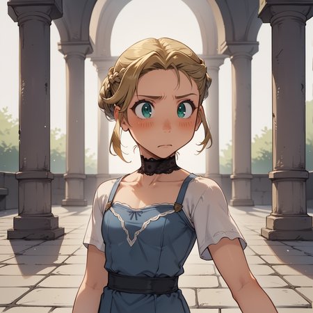 score_9, score_8_up, score_7_up BREAK 1girl, french braid, shiny skin, blush, lace choker, stone walkway, rating_safe