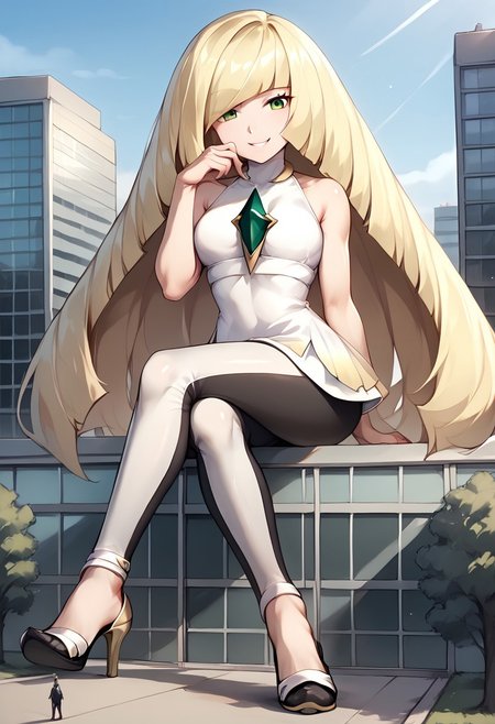 score_9, score_8_up, score_7_up, BREAK source_anime, BREAK,  
lsmndef, green eyes, blonde hair, very long hair, bangs, hair over one eye, chest jewel, white dress, sleeveless, leggings,
long legs, giantess, kk_giantess, smug smile, looking at the viewer, sitting on a building, shoe dangle, high heels, 
<lora:Giant_Girl__KK:0.6> kk_giantess,1girl,solo,giantess,giant,building, micro crowd, sitting on a building, outdoors,city, sitting, sitting on top of a tiny building with blue windows,   <lora:XDetail_light:2>