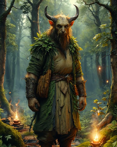 satyr in the style of J.R.R. Tolkien ,  full body, lush forest,  hyper detailed, ultra realistic, candle light, unreal engine, cgsociety, 8K, radiant light, detailed and intricate environment, hyper <lora:add-detail-xl:0.75> <lora:xl_more_art-full_v1:0.5>