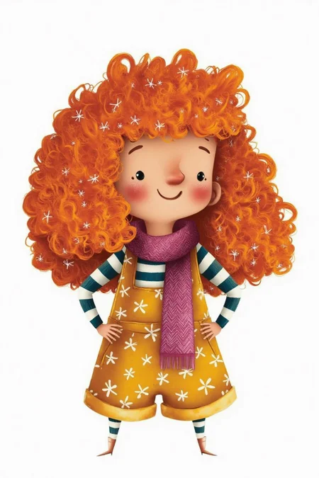 illustration. 
A young girl with curly, vibrant orange-red hair. Her voluminous hair has a slightly messy, tousled texture. She has a wide, cheerful smile and rosy cheeks, giving her a friendly, innocent appearance.
 <lora:alicesa1_cap_d6a3:1.0><lora:830691604982515204:0>