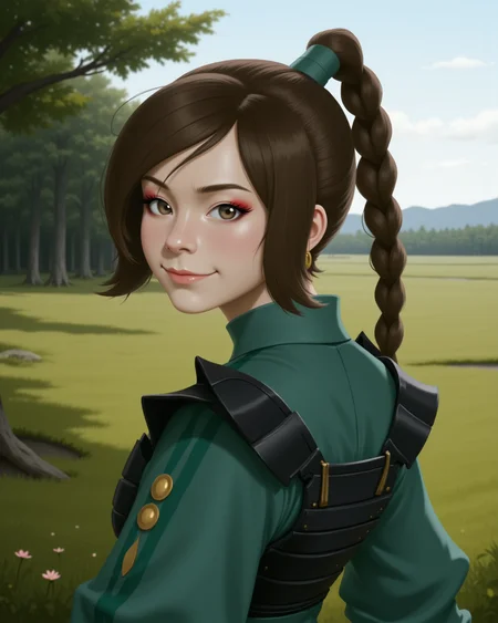 Semi-Realistic digital illustration Style in a wide shot. Looking at viewer, outdoors in daylight, 18 year old woman, Nostalgic with a soft smile, eyes gazing into the distance, and a gentle sigh of remembrance.
 <lora:AirBender_-_Ty_Lee_v2-000040:1> ab-tylee, brown hair and gray-brown eyes, ponytail
black japanese armor, kyoshi white face makeup, long sleeves, green dress, golden pin through hair