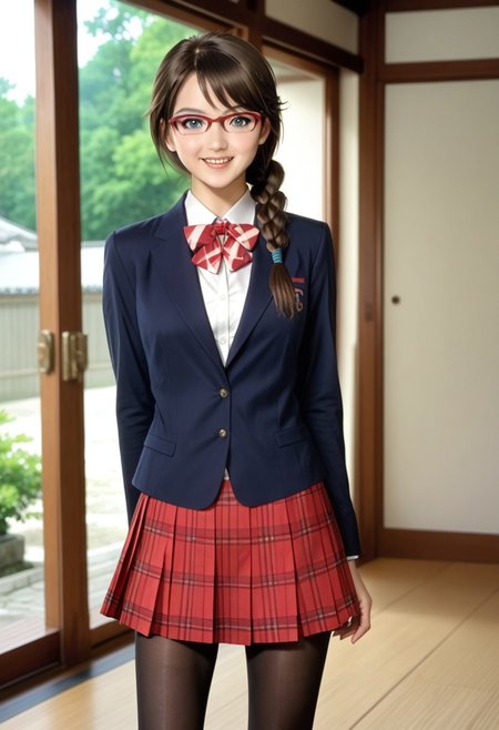 japanese castle, japanese traditional park, (photo realistic, japanese girl), ( hasegawa_hinako, 1girl, pantyhose, glasses, skirt, braid, brown hair, blue eyes, hair over shoulder, school uniform, single braid, shoes, jacket, blazer, long hair, pleated skirt, plaid skirt, looking at viewer), open mouth, looking at viewer, 1girl, (alone),  best quality, cowboy shot, seductive smile, large breast, Overall Detail, (slim, standing, looking at viewer, young-adult, one hand on waist, contrapposto) realistic hands, bare thigh, handfixer, cheerful, adorable, tony taka,