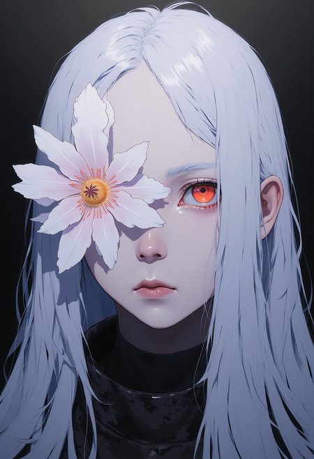 Close-up portrait of a female character with long, silver hair. Her face is partially obscured by a large, white flower with light pink shading, positioned over her right eye. The character has pale skin with soft shadows cast across her face. Her left eye is visible, glowing with a bright, vivid red color. A minimalistic dark background with subtle gradients of deep black and grey. No additional objects or elements in the background to keep the focus on the main character. Soft, ambient lighting highlights the edges of the character's form, creating a mysterious and cinematic atmosphere.   <lora:CPA:0.93> <lora:anime_martzv2:0.53> anime_martz,  <lora:FLUX-daubrez-DB4RZ:0.33> DB4RZ, DB4RZ style painting,