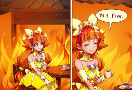 score_9, score_8_up, score_7_up, 2koma, comic, fire, sitting, speech bubble, burning, table, chair, cup, <lora:ThisIsFine_pdxl_Incrs_v1:1>, curetwinkle