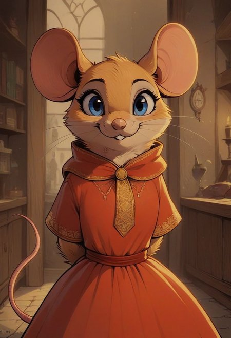 score_9, score_8_up, score_8, solo, (fluffy), feral, (feral), ((indoors)), (((mouse))), female, blue eyes, yellow fur, yellow ears, claws, (fluffy cheeks:0.5), (simple red dress), in the style of beatrix potter, (cartoon style) fca style, cel-shading, village, (upper body shot), cute, hands behind back, solo, (solo:1.5)