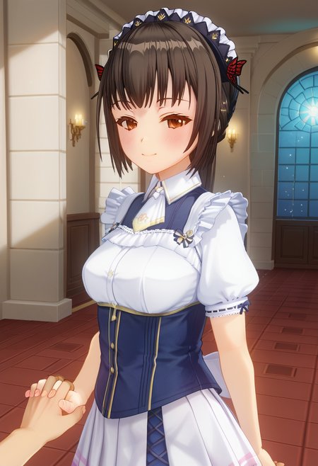 score_9, score_8_up, score_7_up, BREAK source_anime, (masterpiece), (best quality),  1girl, chihara_yukine, <lora:chihara_yukineåå_éªé³:0.85>, blue colored maid outfit, light purple colored skirts, red colored eyes, brown colored hair, happy mood, cowboy shot, looking at viewer, smile, blush, closed mouth, half closed eyes, particles, (ultra detailed), colorful light, shine, lens flare, smile, holding hands, solo focus, pov hands, out of frame, inside the castle hall, (from side:1)