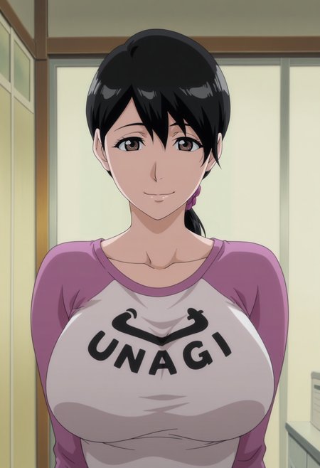 1girl,solo,mm,mature female,black hair,ponytail,brown eyes,large breasts,anime coloring, 
shirt,upper body, looking at viewer, smile,indoors
,masterpiece,best quality,amazing quality,<lora:Ikumi_Unagiya-Bleach:0.85>