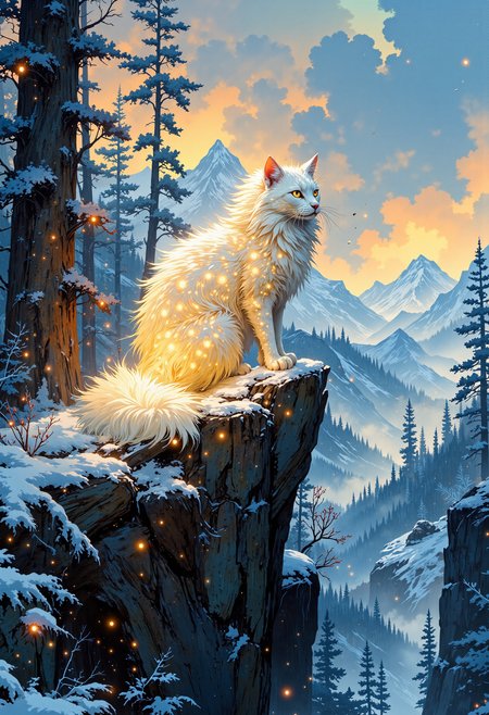 VibrantlySharp style,
animeniji,
3pic_vist4, A luminous white feline with flowing fur glows with golden stars embedded in its coat, perched atop a snowy ridge at twilight, surrounded by ancient pine trees dusted in frost, soft golden fog rising from the valley below, dreamlike atmosphere painted in high fantasy watercolor style, full of delicate light scatter and ethereal softness.