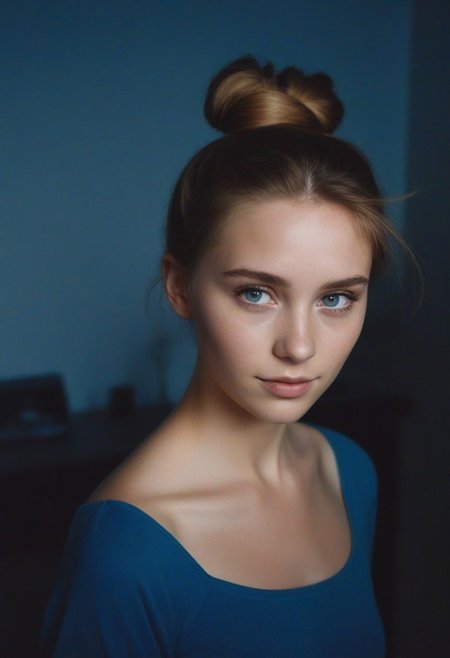Cute swedish 18-year-old girl, brown hair in a messy bun, bright blue eyes, bnw photo, shot on polaroid, cinematic composition, cinematic lighting, dark theme