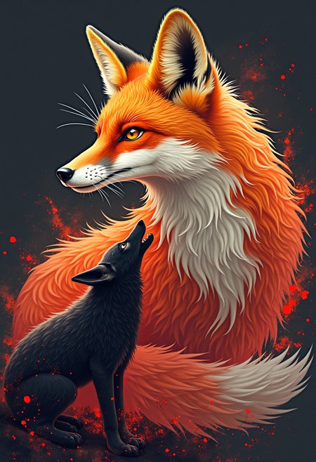 high quality, highly detailed, colorful, abstract, fantasy, fantasy background, The image is an realistic photo of a fox's head and neck. The fox's fur is a mix of orange, red, and white, with intricate patterns and swirls. The head is facing towards the right side of the image, with its mouth slightly open, as if it is about to take a bite out of something. The tail of the fox is flowing behind it, creating a sense of movement and energy.  In the foreground, there is a black silhouette of a wolf standing on its hind legs, looking up at the fox. The background is dark, with a hint of orange and red, creating an explosion of light. The overall mood of the illustration is mysterious and captivating.<lora:FLUX\boFLUX Neon Abyss.safetensors:1.0:1.0>