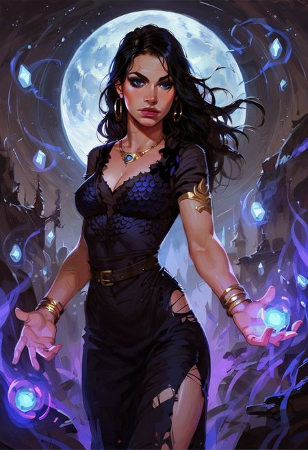 1girl, solo, beautiful woman, pale skin, blue eyes, makeup, black hair, long hair, breasts, detailed skin,
dress, cleavage, torn clothes, belt, armlets, hoop bracelets, jewelry,
background moon, flying crystal ball, purple energy magic, curse magic, hex magic,
high quality, dynamic lighting, sharp focus, dim light, dramatic ligh, warm light,
feminine pose, hips out, arched back, teasing look,
BREAK
score_9, score_8_up, score_7_up, score_6_up, source_cartoon, fantasy, 
 <lora:witchxl:0.8>  <lora:1dkXLP:0.4>  <lora:incase_v14:0.7>