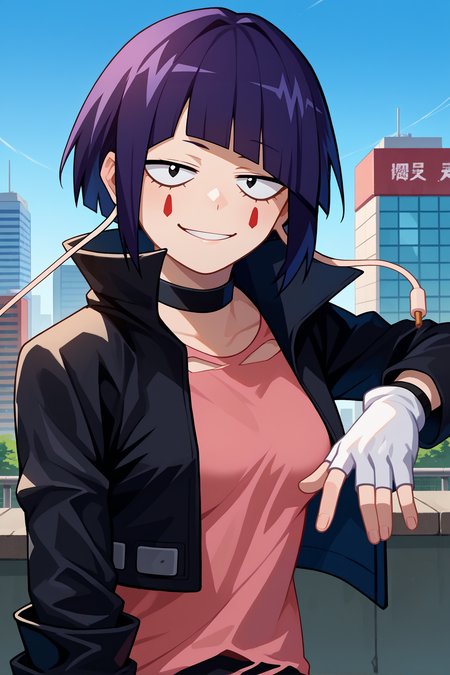 score_9, score_8_up, score_7_up, score_6_up, source_anime, 1girl, solo  <lora:kyoukajiro-pdxl-nvwls-v1-000006:1> bnhakj, black hair, purple hair, short hair, blunt bangs, black eyes, audio jack, long earlobes, facial mark, choker, black jacket, pink shirt, torn shirt, black pants, white gloves, fingerless gloves, looking at you, upper body, tired, smug, blue sky, smile, city, happy, medium breasts