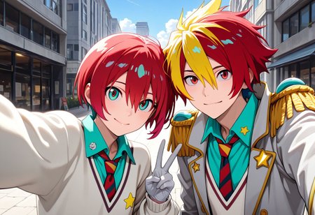 masterpiece, best quality, amazing quality, absurdres, newest, detailed background, definition so sharp, Ultra-HD, 8K cinematic, very awa, impressionate, amazing quality, highres, 
duo, couple focus, different high, different size, side by side, v, selfie, upper body, day, blue sky, outdoor, 
BREAK
1boy, kagayakibishounen, takuto_red eyes, takuto,red hair, short hair, takuto_gingabishounen, two-toned hair, dyed bangs, coat, ascot, epaulettes, aiguilette, star (symbol), gloves, white shirt,
BREAK
1girl, amate yuzuriha,aqua shirt,striped necktie,white sweater,