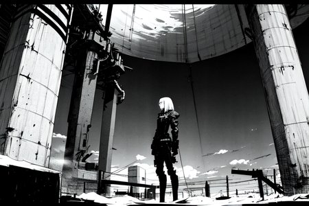 highly insanely detailed, masterpiece, top quality, best quality, highres, 4k, 8k, RAW photo, (very aesthetic, beautiful and aesthetic),  
tsutomu nihei,nihei_tsutomu,blame!,blame gakuen!,abara,TNstyle,sidonia_no_kishi,(hangar,lab,giant room),tentacles,clouds,foggy,fog,smoke,concrete walls,metal walls,toha heavy industries,dome,bones,fence,bridge,letterboxed,drainpipe,buildings,machinery,star \(sky\),starry sky,gauna,gauna mech,walkway,lantern,dark sky,black sky,cables,tubes,industrial pipes,light particles,dark background,cyberpunk,blm,science fiction,empty,no human,decrepit,open space,flock,vast scenery,perspective, 
<lora:ABARA:0.6>, 
(1girl:1.3), 
solo focus, 
pastel blue background,âââ