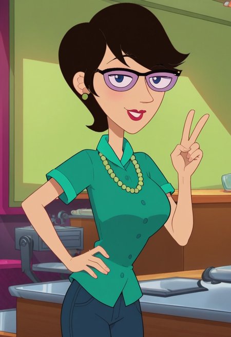 ((room background)), score_9, score_8_up, score_7_up,score_6_up,
1girl, solo, Charlene_PAF, light skin, black hair, short hair, glasses, dark blue eyes, light green pearl earrings, light green pearl necklace, green polo shirt, blue jeans, black flat shoes, smile, perfect smile, tall, perfect eyes, looking at viewer, big breasts, standing, (waist shot) five fingers, perfect hands, (hand on hip, hand up, v sign)