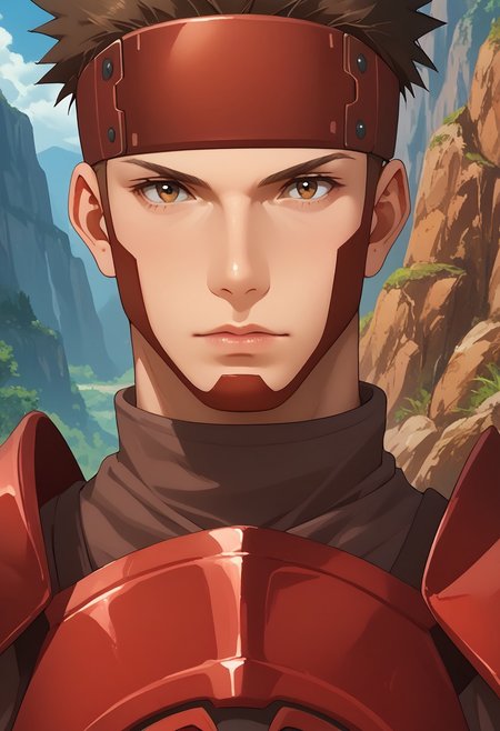 score_9, score_8_up, score_7_up, source_anime, rating_safe, Krom, brown hair, 1st design, official style, 1boy, male focus, portrait, upper body, red armor, headband, headgear,