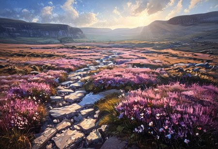 Limestone Pavement, valley, heather moorland, Yorkshire Dales, windy,  ((Highest quality:1.0),(High resolution:1.0), (masterpiece:1.0), (ground level view:0.6, viewer looking up:0.6), beautiful and aesthetic:1.3), extreme detailed, colorful, highest detailed,((ultra-detailed)),(highly detailed CG illustration),,