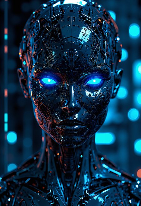 A surreal image of a human face, where the skin is replaced by a metallic, reflective surface, gleaming under bright lights. The eyes are vivid neon blue, glowing unnaturally. The background is filled with data streams and futuristic circuitry, giving the impression of a cybernetic consciousness. The atmosphere is sleek, cold, and highly technological, resembling a scene from a futuristic dystopia.    <lora:FluxMythP0rtr4itStyle:0.8> MythP0rt, <lora:aidmaImageUpgrader-FLUX-V0.1:0.33> detailmaximizer,