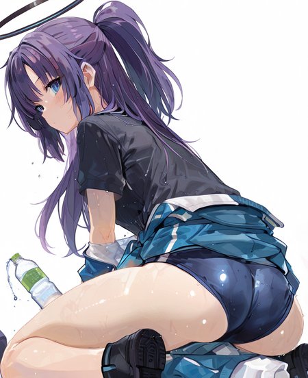 <lora:miyakawa106:1> miyakawa106,
(masterpiece), (best quality), (ultra-detailed), amazing quality, very aesthetic, illustration, perfect composition, intricate details, absurdres, incredibly absurdres, shiny skin, realistic,
 miyakawa106, 1girl, halo, buruma, solo, jacket, shirt, bottle, ass, blue buruma, water bottle, black shirt, long hair, looking at viewer, blue jacket, sweat, blush, white background, , purple hair, official alternate costume, black footwear, blue eyes, short sleeves, track jacket, clothes around waist, mechanical halo, simple background,  bottle, jacket around waist, shoes, looking back, from behind, sitting, gym uniform, ponytail, thighs, sensitive