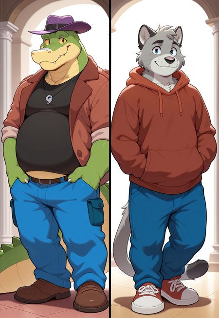 masterpiece,best quality,amazing quality,column lineup, 2boys, duo, clothing, domestic_cat, feline, graff_filsh,big black nose, grey_body,solo,grey_fur,furry, tail, smile, looking at viewer, detailed eyes,pants, hoodie, blue eyes, nice eyes,  BREAK , 

masterpiece,best quality,amazing quality,
brok, furry, 4_fingers, alligator, necklace, shirt,  purple hat, headgear, male, pants, reptile, slightly_chubby,(detailed eyes), (yellow sclera), (nice eyes)