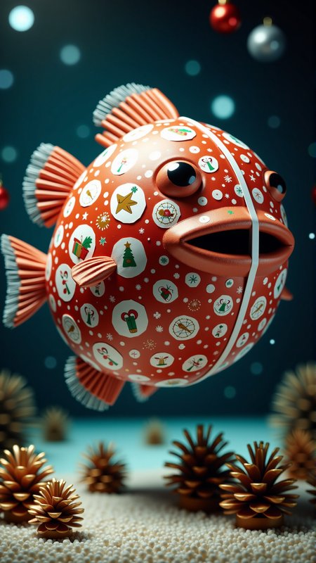 A professionally shot photography of a ChristmasWrapped Pufferfish. It is entirely wrapped up in christmas wrapping paper.
<lora:ChristmasWrappedFlux:0.9>