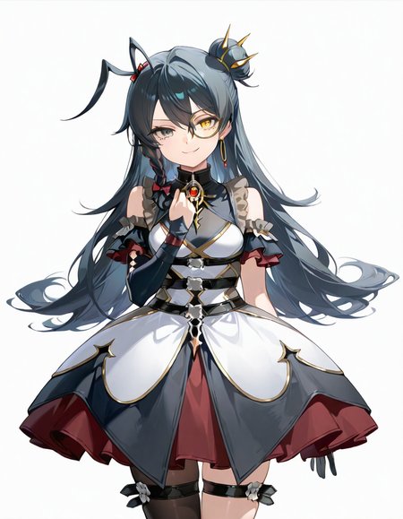 Volumetric Lighting, (masterpiece), (best quality), (ultra-detailed), masterpiece, source_anime, score_9, score_8_up, score_7_up BREAK, illustration, disheveled hair, detailed eyes, perfect composition, moist skin, intricate details, detailed eyes, detailed face, detailed fingers BREAK, Darture, black hair, single bun, antenna hair, single braid, heterochromia, grey eye, yellow eye BREAK, Darturedef, def_layered_dress, def_hair_ornament, def_hair_bow, def_brooch, def_belts,black belts, def_gloves, def_monocle, def_uneven_sleeve, uneven legwear, def_thigh_strap, def_earrings, def_single_leg_pantyhose, def_shoes, def_single_earring, black dress,single glove BREAK, ((white background)), looking at viewer, smile, upper body, hand up,smirk