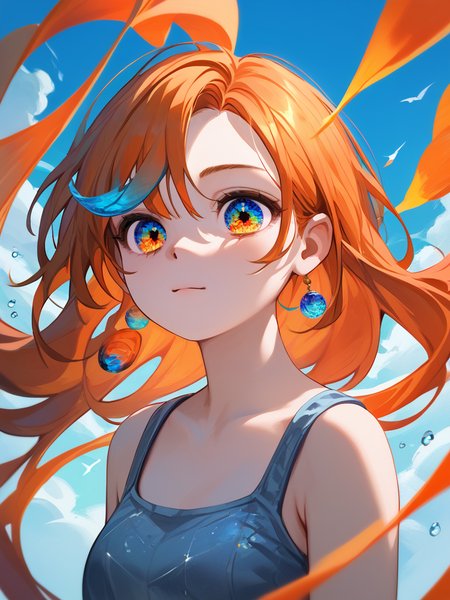 PDXL, <lora:OpalEyesV1Pony:1>, opal_eyes, 1girl, cute face, detailed eyes, long orange hair, detailed  eyes, upper body, looking through a fishtank