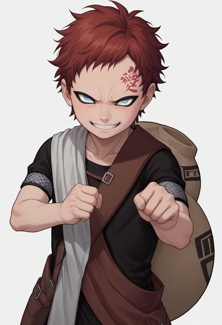 score_9, score_8_up, score_7_up, highly detailed, cute boy, 1boy, solo, young, Gaara, Red Hair, Pale Blue Eyes, Facial Mark , Black Short sleeve shirt, White Cloth Sash, leather strap, gourd, no eyebrows, angry, psychotic smirk, evil smile, fist close up, hand clenched, arm outstretched, white background