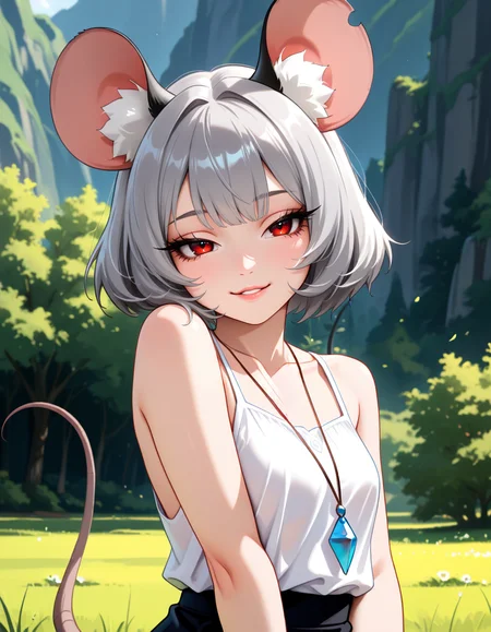 masterpiece, best quality, very aesthetic, absurdres,
outdoors,
upper body,  body, standing, posing, 
seductive smile, parted lips, long eyelashes,
 <lora:Nazrin_v01_NAIXL:1>
N4zr1n,1girl,solo,mouse girl,mouse ears,animal ear fluff,short hair,bangs,grey hair,red eyes,pendant,mouse tail,