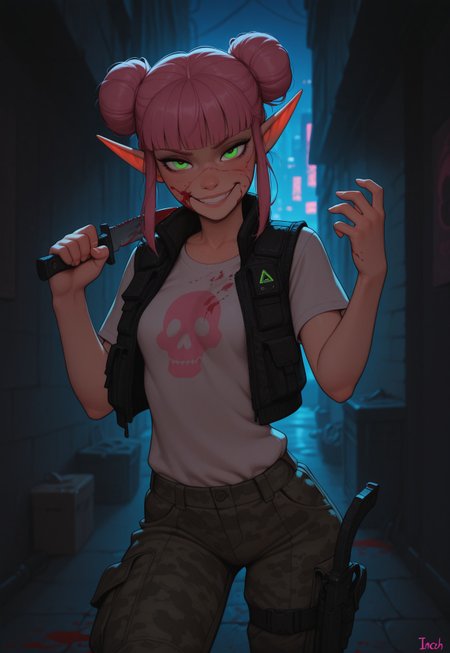 masterpiece, best quality, amazing quality, very aesthetic, DISNEY_ANIMATION, incoth, (incase:0.6), female, solo, (depth of field), outdoors, city, alley, cyberpunk, night time, cowboy shot,

elf, pink hair, green eyes, cute face, slender, small breasts, double buns, blunt bangs, beautiful, kawaii, (small ears), blood on face,

black puff vest, t-shirt with logo, urban camo pants, blood splattered combat knife,

standing, dynamic pose, looking at viewer, fighting pose, evil smile,