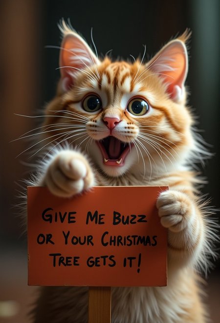 A cute cat, with an over the top shocked facial expression, holding a sign  it says "Give Me Your Buzz Or Your Christmas Tree Gets It!", realistic, cinematic shot, head tilted back, large eyes, pointing at the viewer,