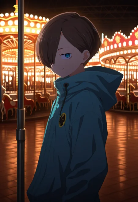 masterpiece, best quality, , , , 1boy, solo, male focus, <lora:kyoutarou_ichikawa_ilxl:0.96>, kyoutarou_ichikawa, brown hair, blue eyes, short hair, hair over one eye, bangs, from side, amusement park, carousel, ferris wheel, indoors, dark, arms at sides, smile, vandal costume