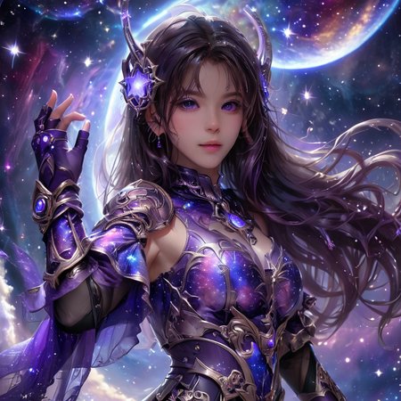masterpiece,high resolution,8k,
 <lora:celestial_warriorXL:0.8>,celestialwarrior, overalldetail,facedetail,eye detail,
1girl, solo, long hair, sky, gloves,purple theme,universe backround,,sleeves
