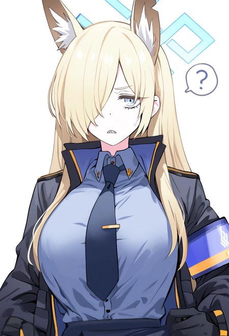blue archive, kanna \(blue archive\), 1girl, ?, animal ear fluff, animal ears, armband, black gloves, black jacket, blonde hair, blue armband, blue eyes, blue halo, blue necktie, blue shirt, breasts, gloves, hair over one eye, halo, jacket, large breasts, long bangs, long hair, looking at viewer, necktie, shirt, simple background, solo, spoken question mark, upper body, white background, masterpiece, best quality, good quality