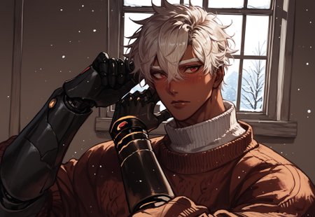 score_9, score_8_up, score_7_up, anime, best quality, brown skin, 1male, white blond eyebrows, bonde hair, styled hair, short hair, white blonde hair, hair between eyes, red eyes, brown skin, handsome, Roman nose, toned, Avii,
,
,
Android, robotic neck, robotic neck, robotic arms, black robotic parts,
,
,
dynamic pose, expressive, dynamic angle, 
,
,
indoors, comfy, sweater, oversized clothes, window, looking at the viewer, close up, pov, pleading look, blush, worried, from very close, winter, lips half-open