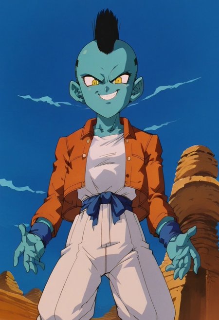 score_9, score_8_up, score_7_up, zPDXLpg, dbstyle, 1girl, solo, female, black mohawk, yellow eyes, orange cropped_jacket, open jacket, blue sash, orange dougi, blue wristbands, low angle, fullbody shot, smug, looking at viewer, outdoors, blue sky, sun, desert