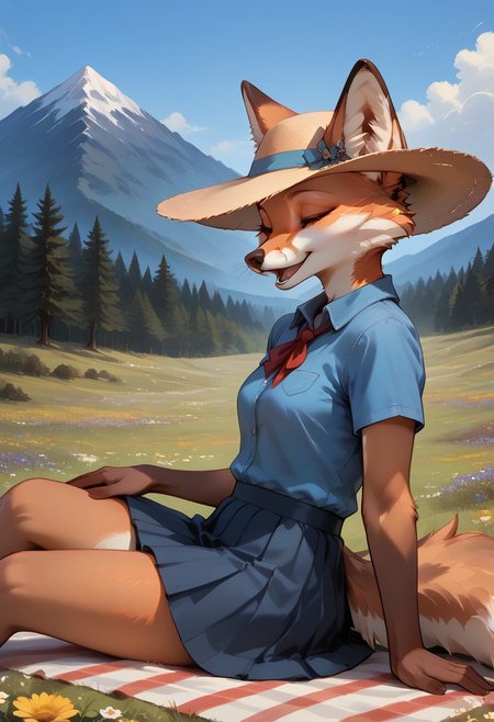 score_9, score_8_up, score_7_up, easynegative, EyesHD, realistic style, detailed face, 1girl, Lyssa, fox girl, (anthro fox girl: 1.2), sitting on a pillow, on a picnic blanket, on top of a hill, mountains in distance, wind, gentle clouds, flowers, bird in distance, outdoors, leaning back, close up, from side, from front, skirt, hat, blue shirt, laughing, eyes closed, mouth open, hand up,