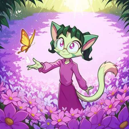 Dreamkeepers,1girl,prelude_lilith,solo,furry,tail,green hair, source_furry,glasses,magenta eyes,
child, kid, 
butterfly, reaching out, outdoors, spring, flowers, smiling, gentle breeze, warm colors, soft shading, dreamy, nature, stands in a flower-filled meadow, reaching out with both hands to gently catch a butterfly. Her expression is full of wonder as the tiny creature flutters just beyond her grasp, bathed in soft sunlight